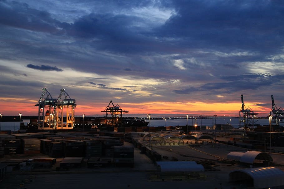 port, crane, sunset, sky, nautical vessel, water, cloud - sky HD wallpaper