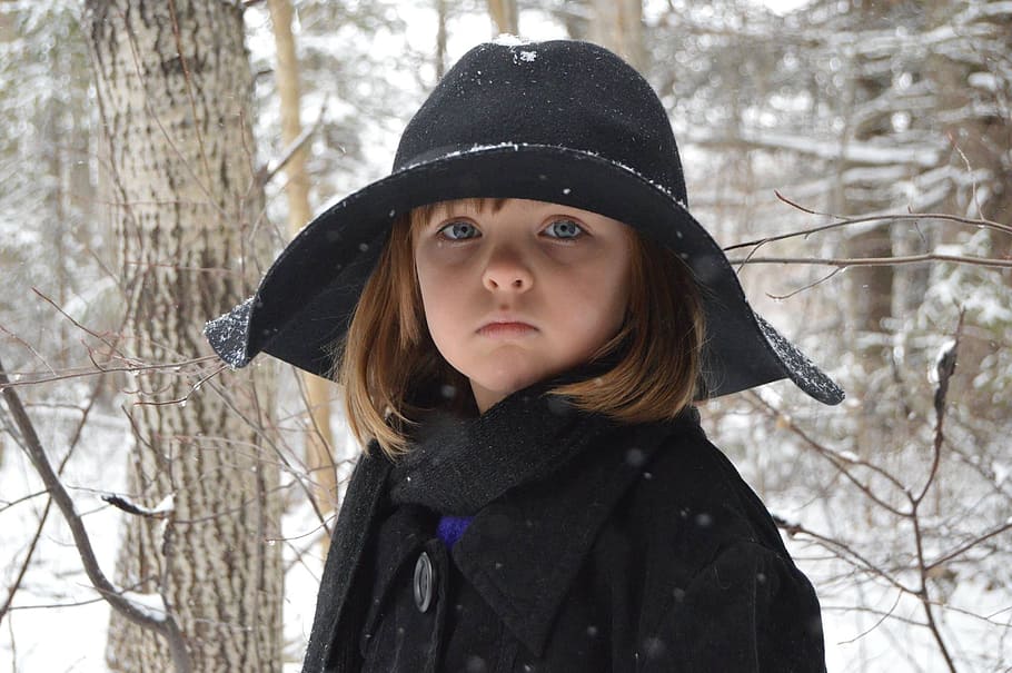 girl wearing black cap on snowfield forest, Children, Granddaughter