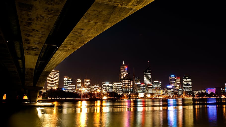 bridge, city, river, night, lights, urban, reflection, illuminated HD wallpaper