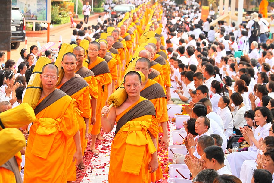 buddhists, monks, orange, robes, ceremony, convention, meeting, HD wallpaper