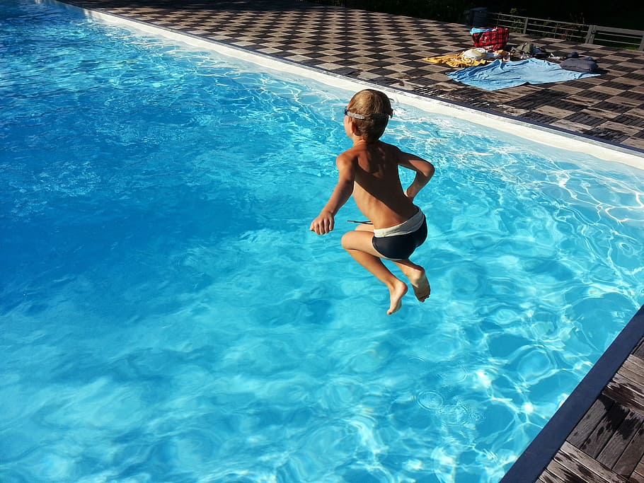 boy jumping on swimming pool during daytime, summer, child HD wallpaper