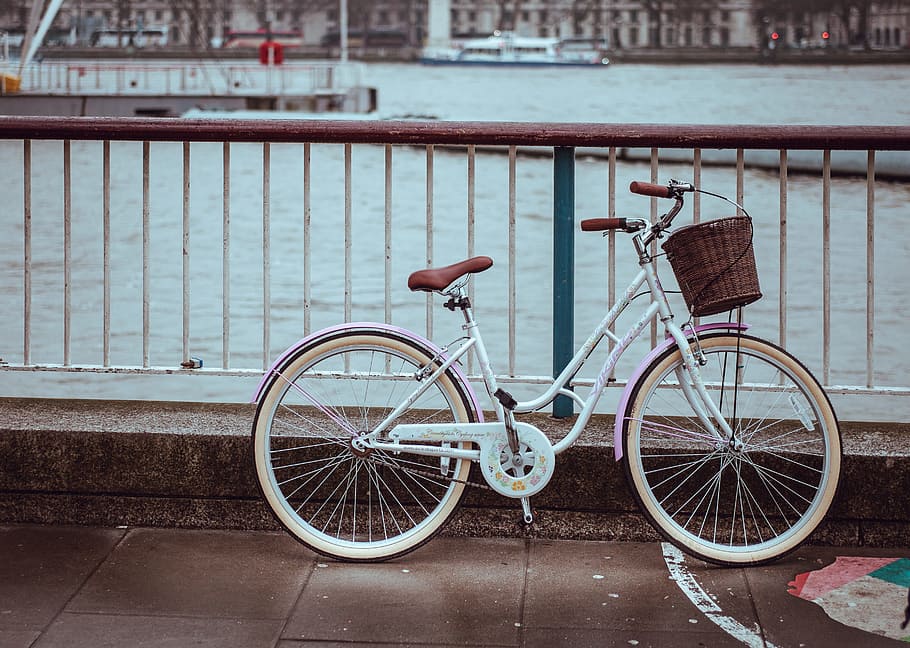 white city bike with basket parked near rails, white step-through bicycle, HD wallpaper