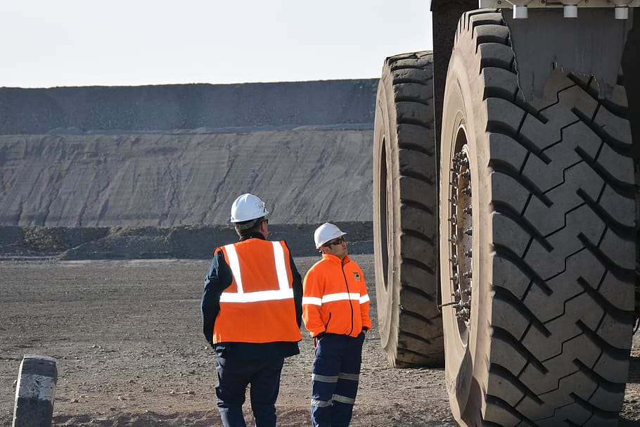 mining, trucks, coal mining, hat, rear view, men, clothing HD wallpaper