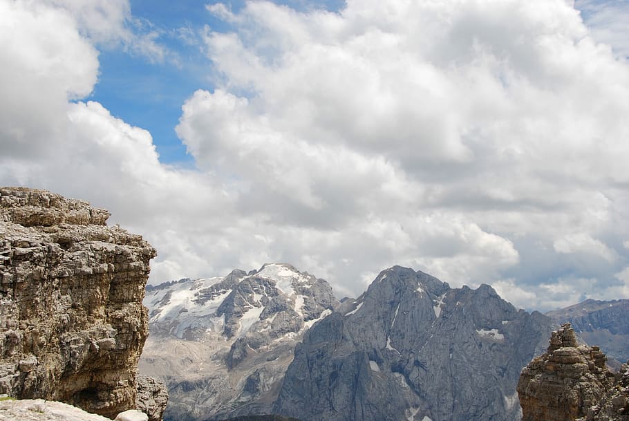 Dolomites, Mountain, Clouds, sky, blue, rock, snow, glacier HD wallpaper