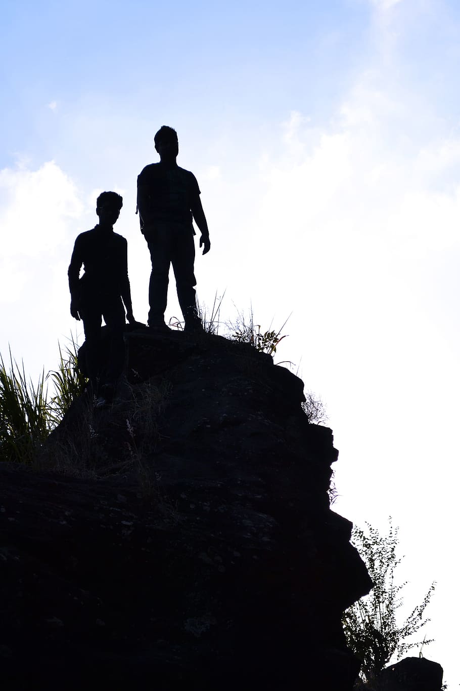 silhouette of two person on hill, Boys, Tall, Rock, sky, people