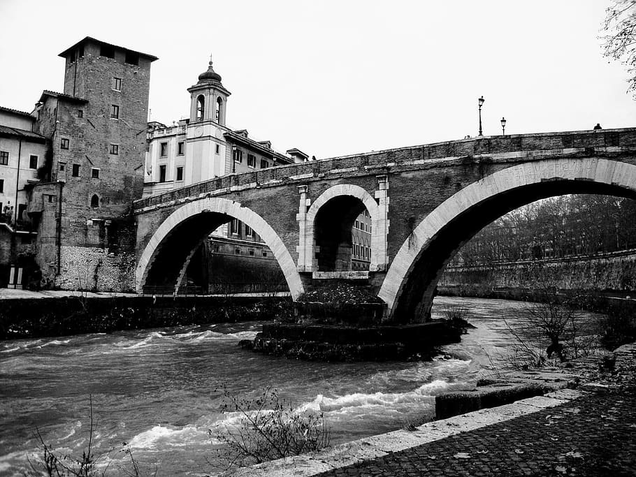 Bridge, Ancient Rome, Tiber, Italy, black And White, bridge - Man Made Structure HD wallpaper