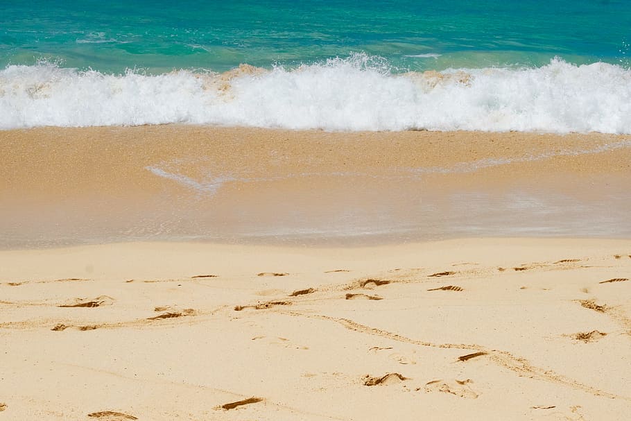 brown beach sand, body of water near seashore, photo, ocean wave HD wallpaper