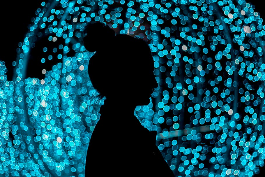 silhouette photo of woman, woman's silhouette, lights, blue, bokeh HD wallpaper