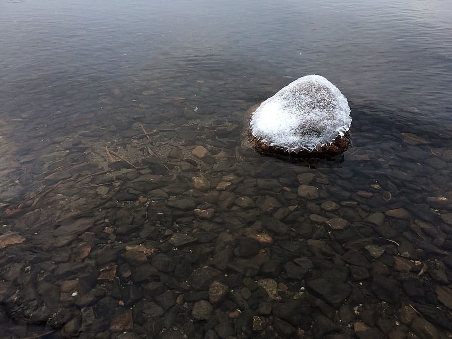 alone, stone, rock, water, winter, fall, snow, cold, weather HD wallpaper