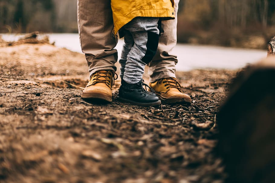 two person step on gray soil, person wearing gray pants and brown shoes HD wallpaper