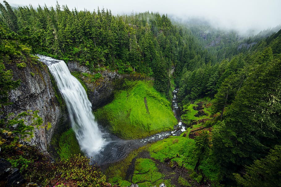 water falls surrounded with mountain range, waterfall, valley HD wallpaper