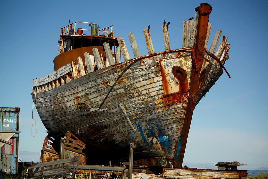 brown and red boat beside intermodal container, abandoned, broken HD wallpaper