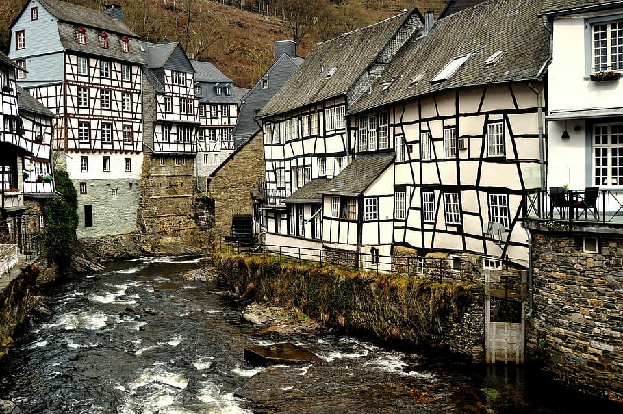 monschau, half-timbered houses, timber-framed, architecture, HD wallpaper