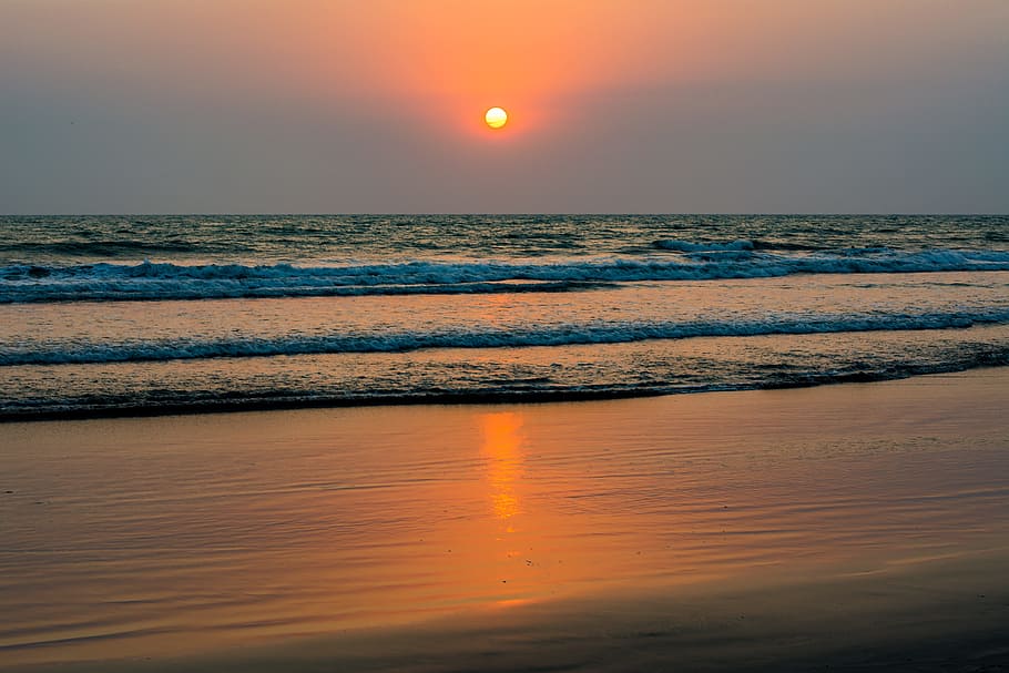 beach at sunset, ocean, sea, beach sunset, water, summer, vacation HD wallpaper