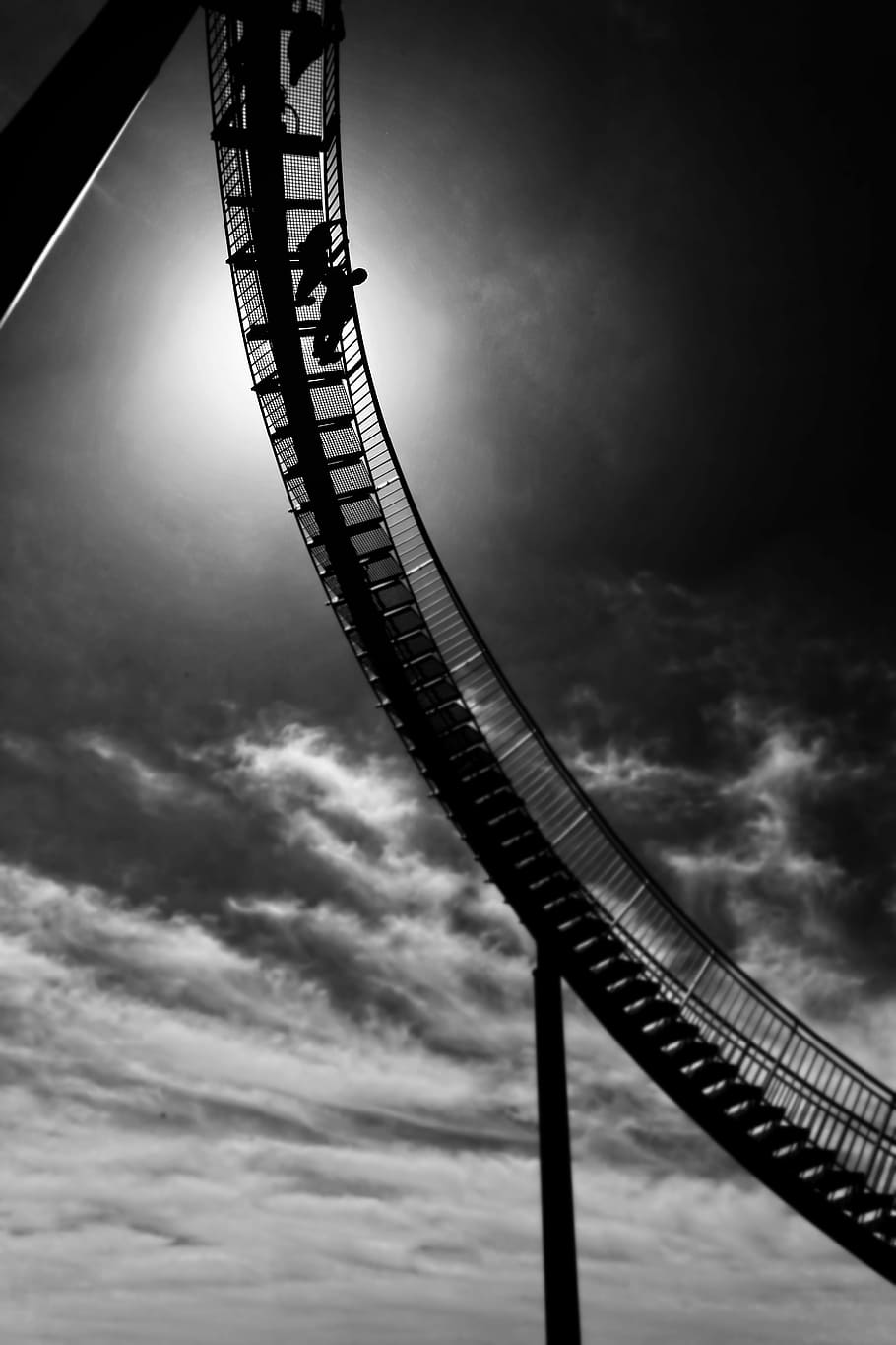 garyscale of two person standing on metal stai, grayscale photo of person on metal bridge HD wallpaper