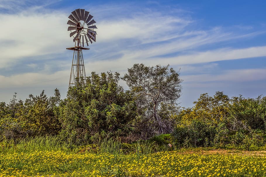 windmill beside plants, countryside, rural, landscape, nature HD wallpaper