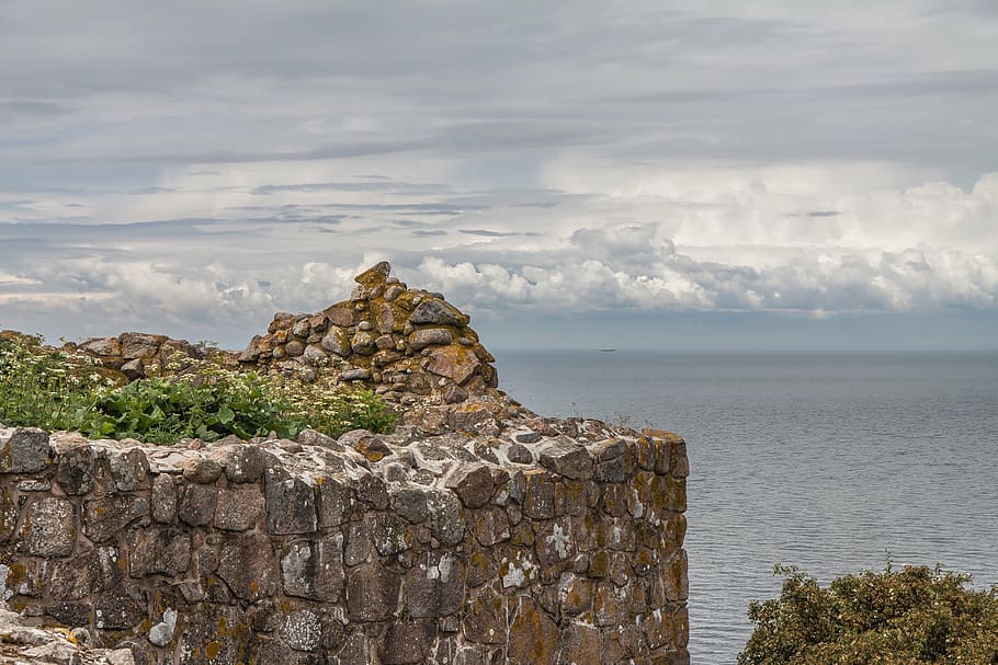 rock formation under cloudy sky, cliffs, sea, mountain, beach HD wallpaper