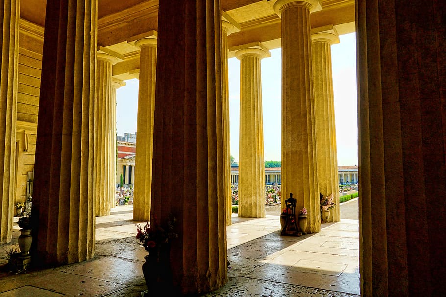 brown concrete pillars, columnar, pillared hall, building, architecture HD wallpaper