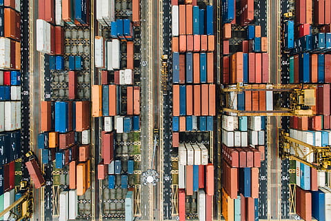 aerial photo of stocked cargo vans, container, export, travel HD wallpaper
