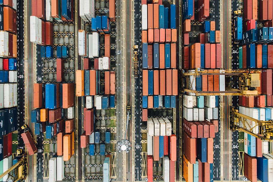 aerial photo of stocked cargo vans, container, export, travel HD wallpaper