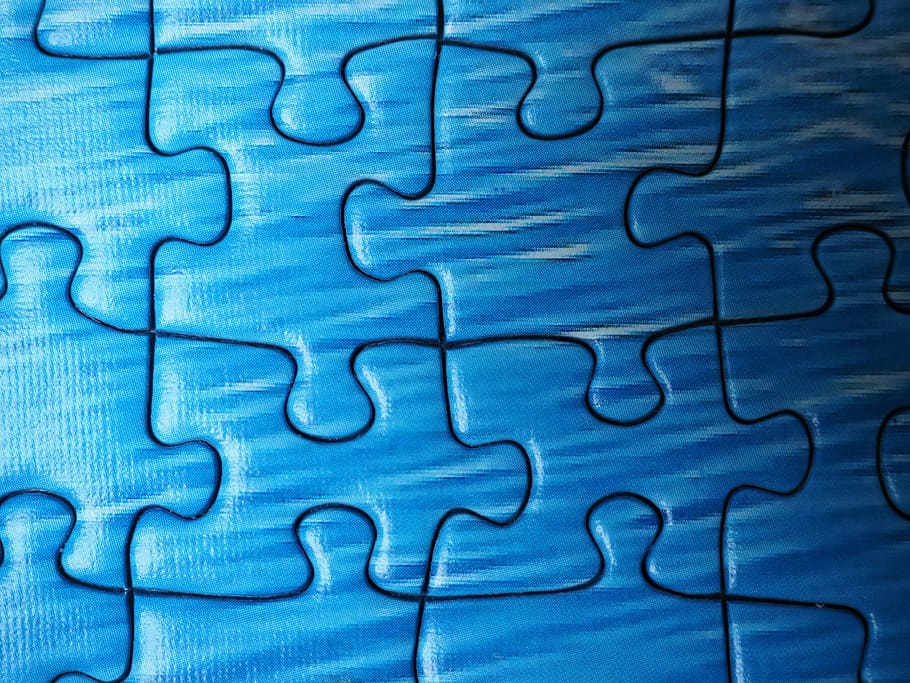 photo of blue jigsaw puzzle, pieces of the puzzle, mesh, patience
