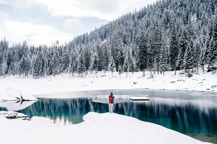 woman standing on snow near body of water, person, covered HD wallpaper