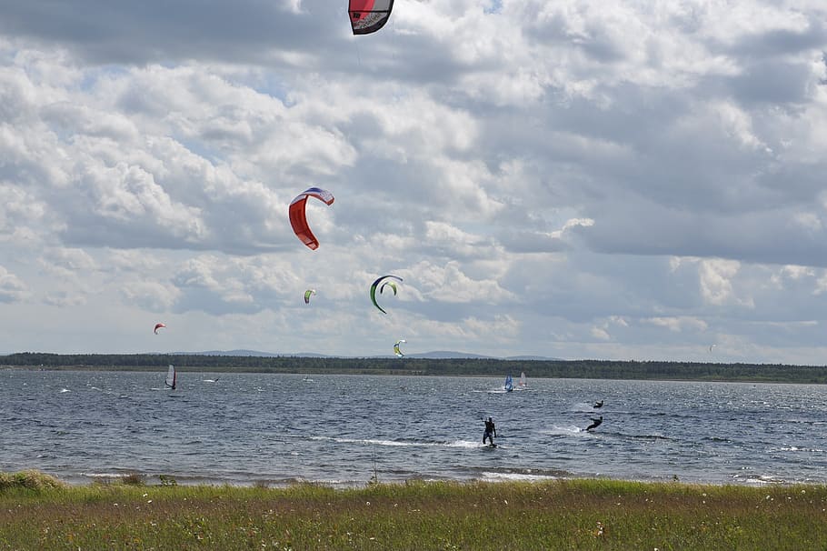 kite surfing, water, lake, kitesurfer, sport, in the, wind, HD wallpaper