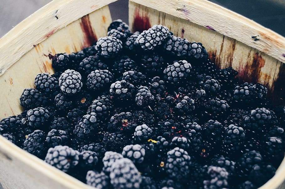 blackberries in wooden basket, berry, blackberry, close-up HD wallpaper
