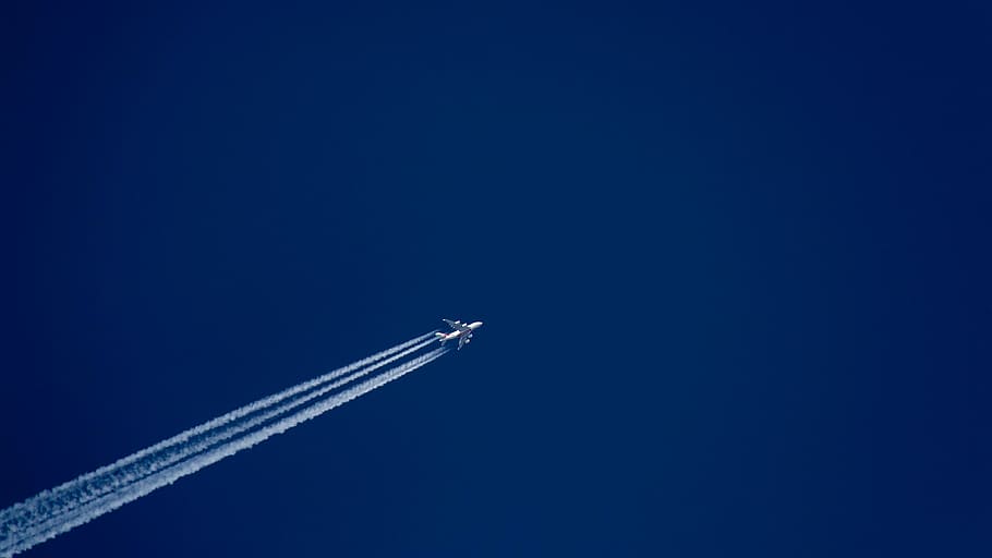 flying airplane in blue sky, aircraft, vapour trail, environment