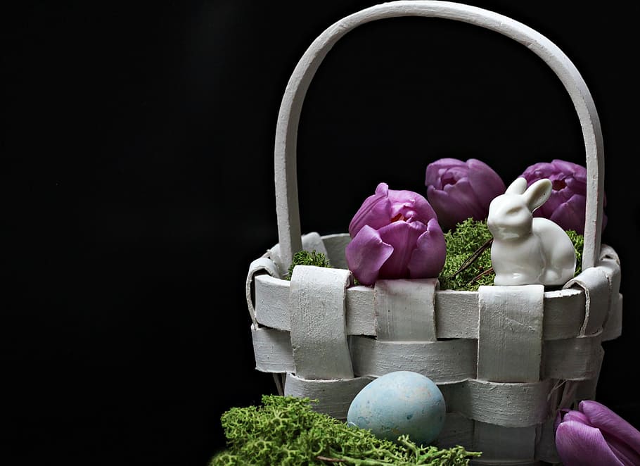 white bunny figurine on basket Easter egg decor set, hare, easter bunny
