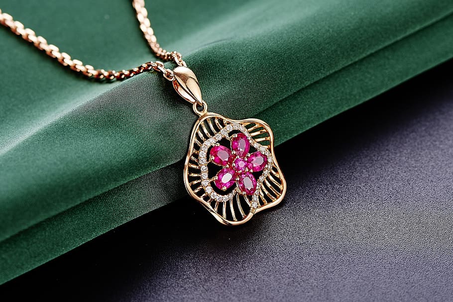gold-colored purple gemstone pendant, jewelry, ruby, wealth HD wallpaper