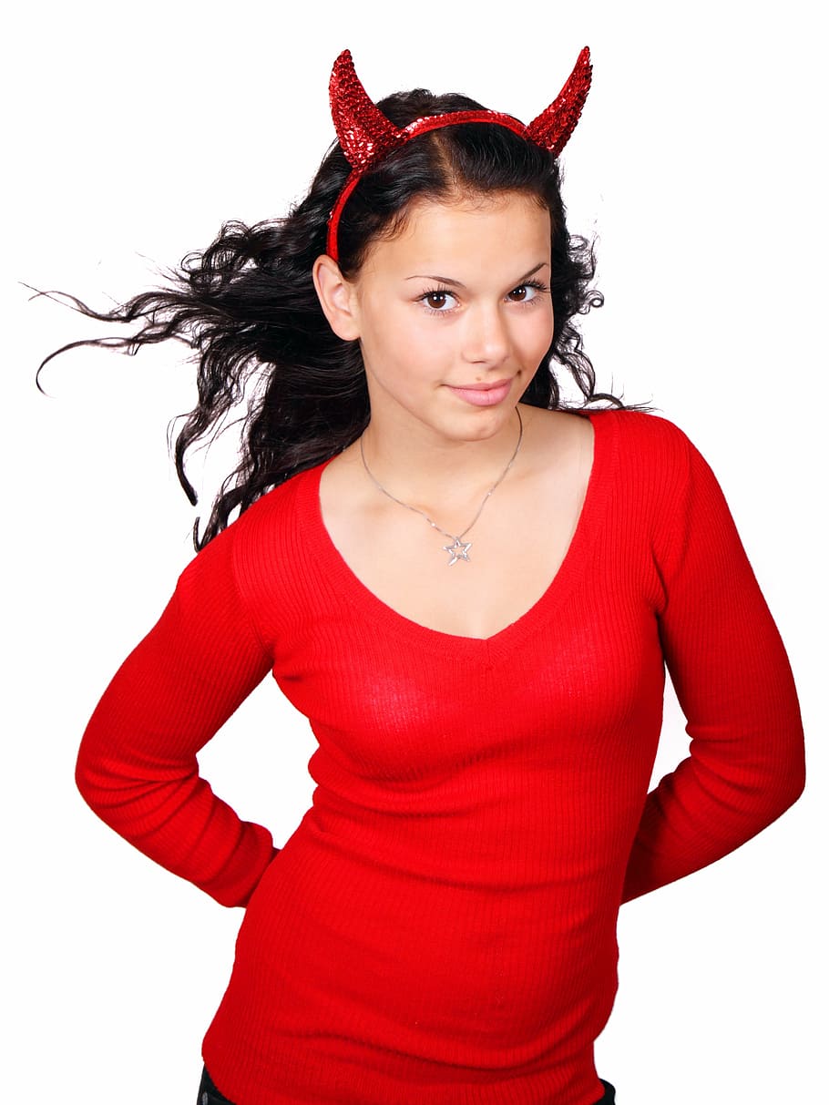 woman in red scoop-neck sweatshirt and devil Alice band, costume HD wallpaper