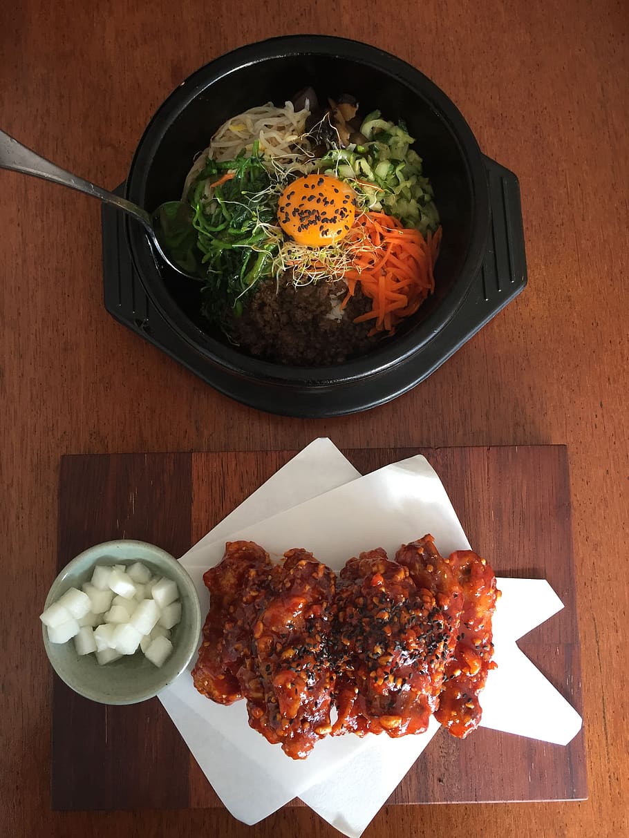food, meal, dinner, lunch, korean meal, bibimbap, korean fried chicken, HD wallpaper