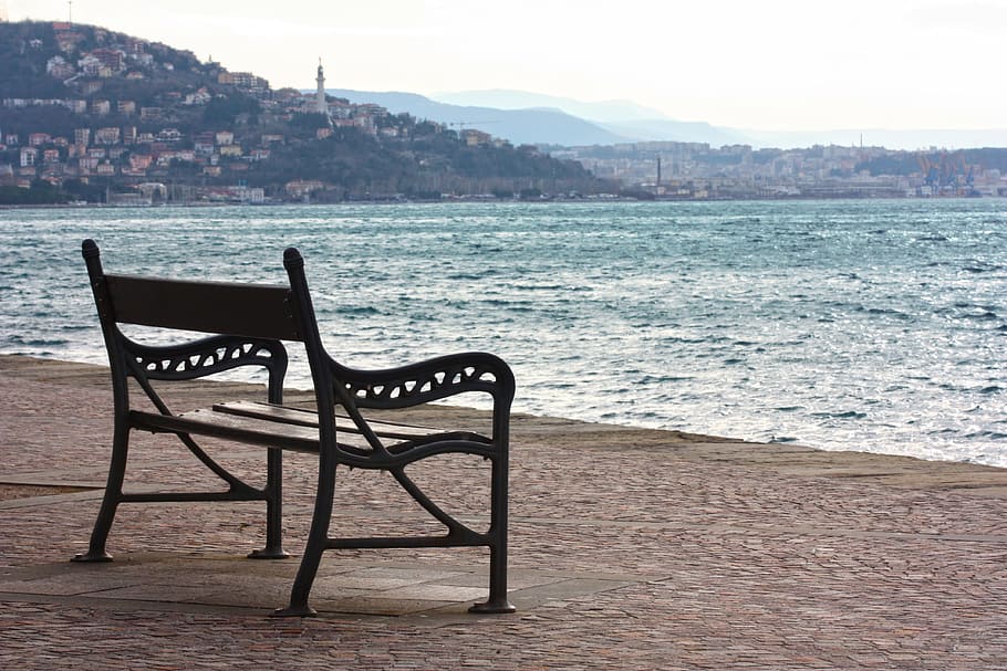 shallow focus photography of brown wooden bench in front of body of water during daytime