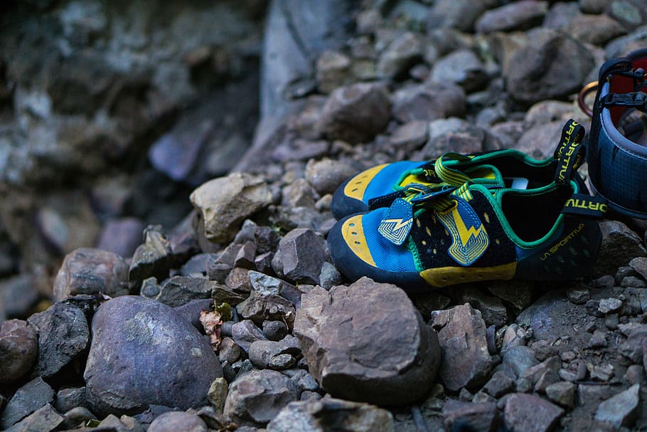 HD wallpaper pair of green yellow and blue hiking sandals on