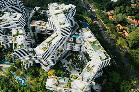 bird's-eye view photography of white concrete building, aerial photography of high-rise building HD wallpaper
