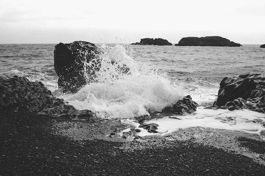 rock formation on the ocean photography, grayscale, shore, waves HD wallpaper