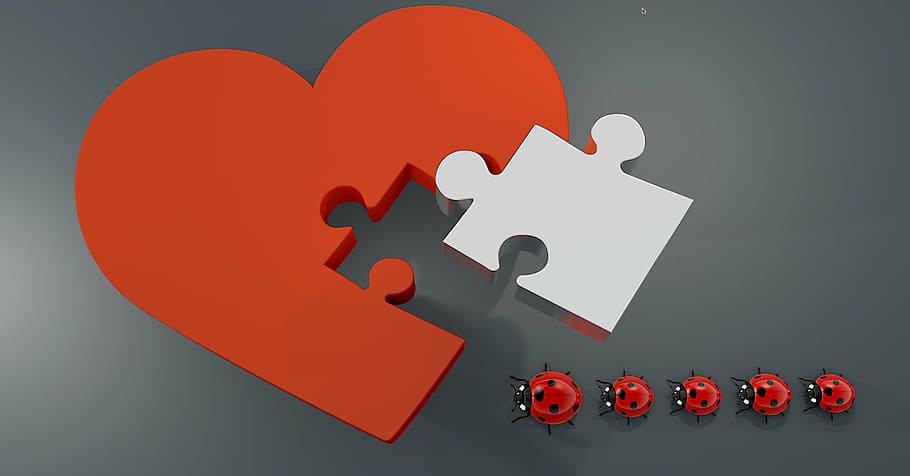 red ladybugs beside heart wallpaper, lucky ladybug, puzzle, joining together, HD wallpaper