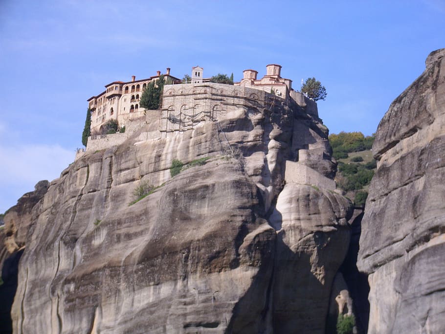 meteora, monastery, mountains, low angle view, rock, sky, cliff HD wallpaper