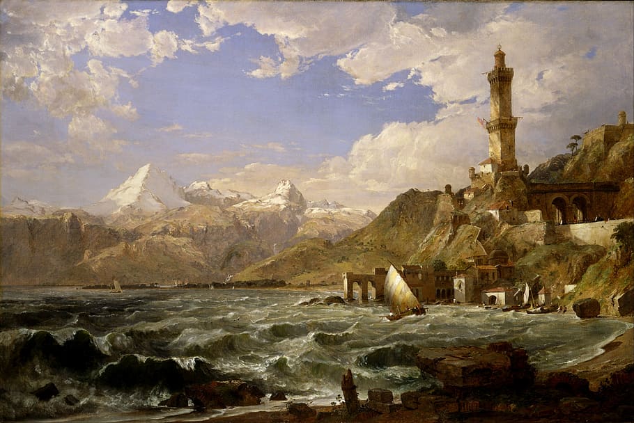 painting of castle near body of water and mountain, jasper cropsey