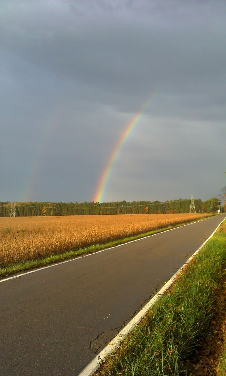 rainbow, intersect, perspective, rural, sky, path, cloud, light HD wallpaper