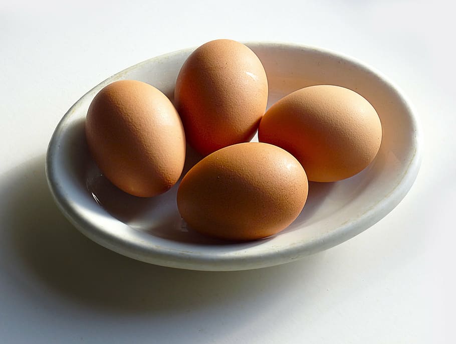 four brown eggs on white ceramic tray, chicken, food, healthy, HD wallpaper