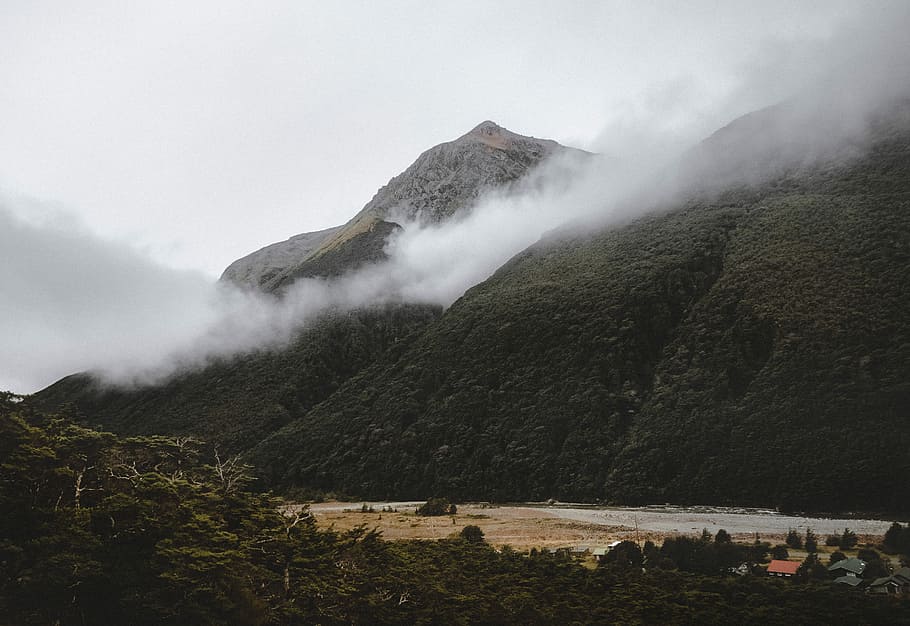 photography of mountain and river, cloud, mist, fog, beach HD wallpaper
