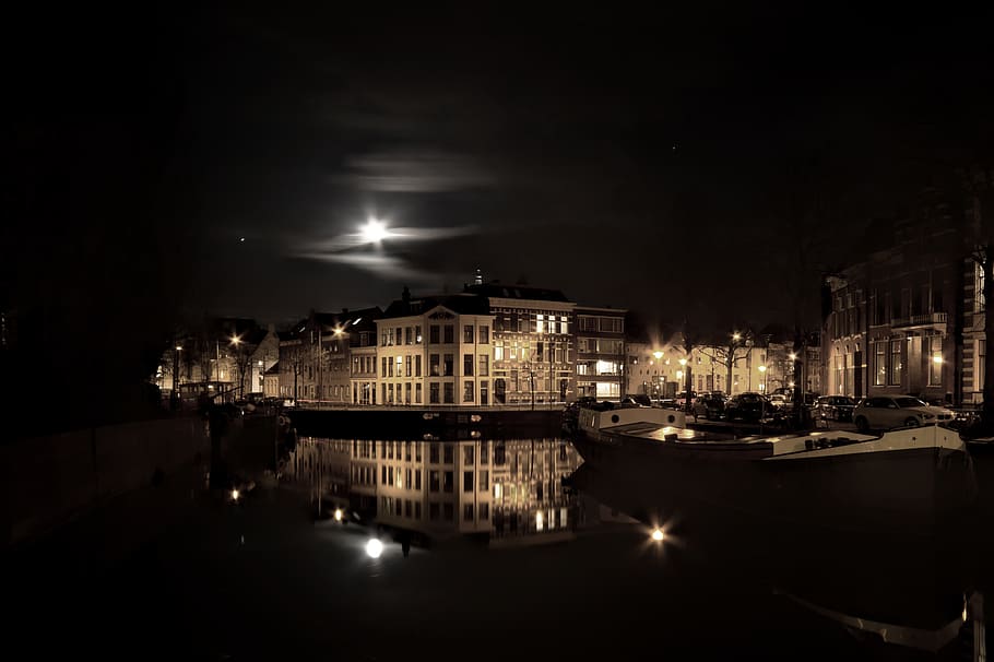 building, night, reflection, downtown, cityscape, water, moon HD wallpaper