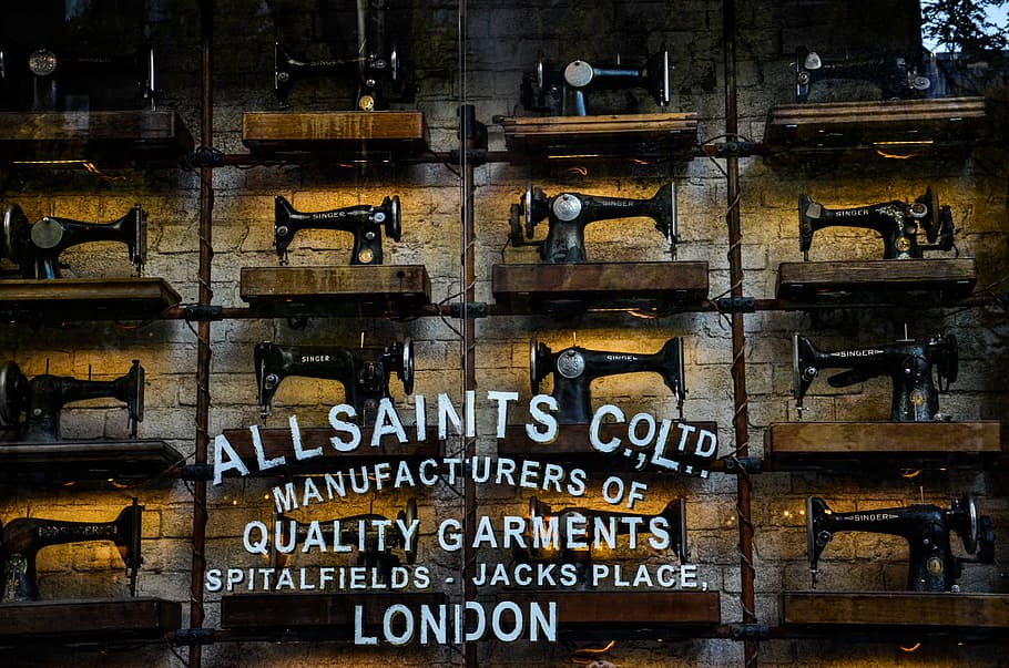 All Saints factory, black sewing machines, Chicago, window, shop HD wallpaper