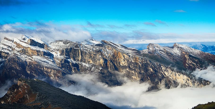 clouds, blue sky, alpine, mountain, scenics - nature, environment HD wallpaper