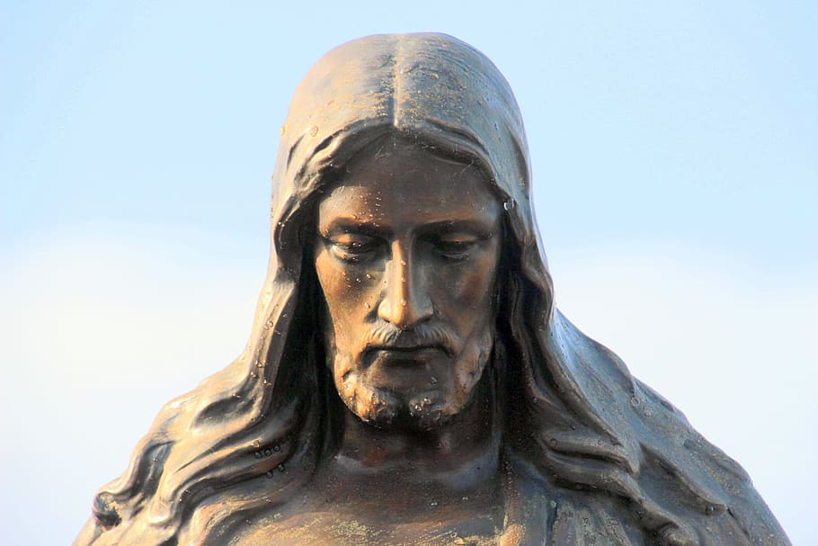 Jesus Christ statue on daytime, look down, dewdrop, faith, symbol