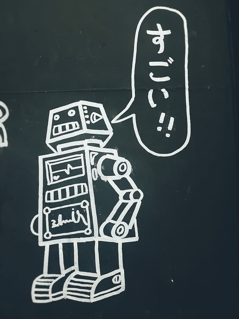 robot, robot illustration, art, quote, paint, graffiti, urban HD wallpaper