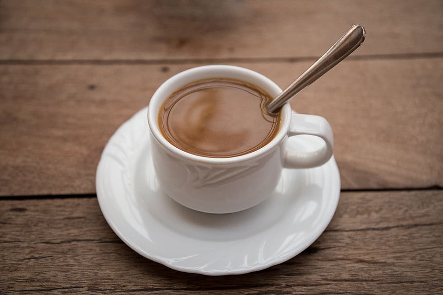 white mug with brown liquid, coffee, cup, saucer, teaspoon HD wallpaper