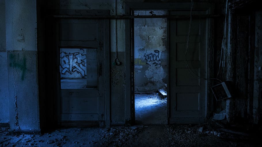 opened door beside gray wall, input, darkness, wood, night, abandoned